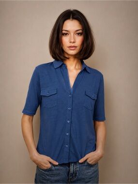 Majestic Filatures Women's Blue Polo-Style Blouse